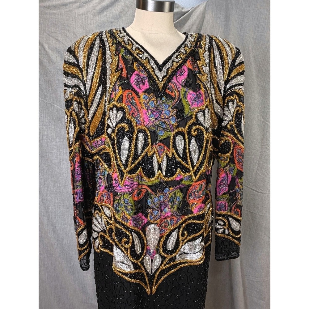 Vintage 80s Jasdee Beaded Silk Paisley Maxi Dress Long Sleeve XL